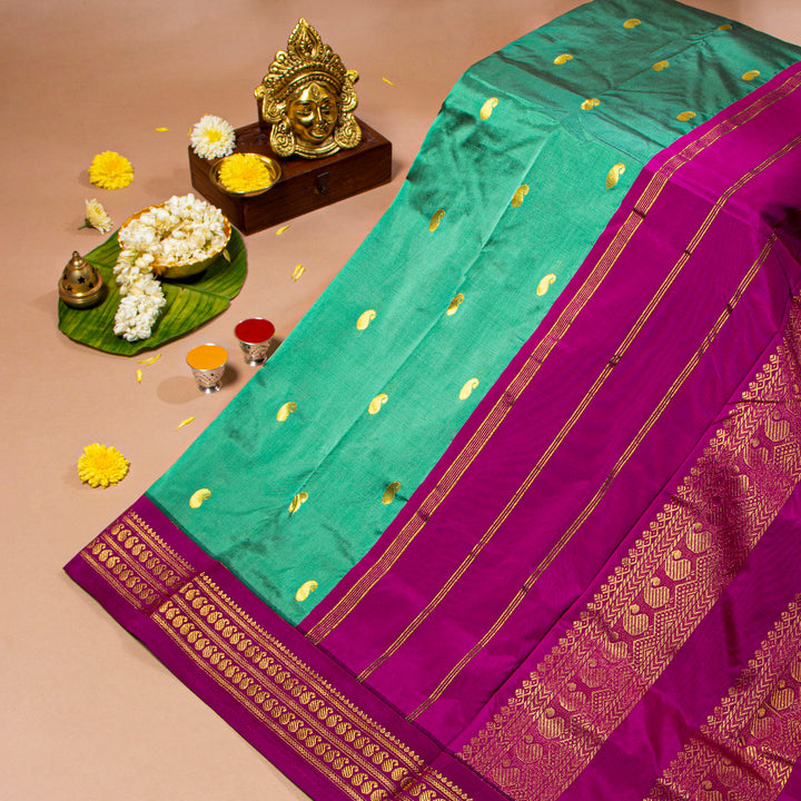 Kuberan Greenish Teal With Purple 9 Yards Silk Saree