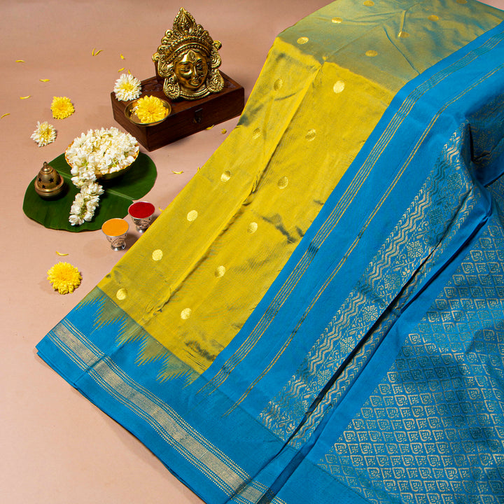 Kuberan Olive Yellow With Teal Blue 9 Yards Silk Saree