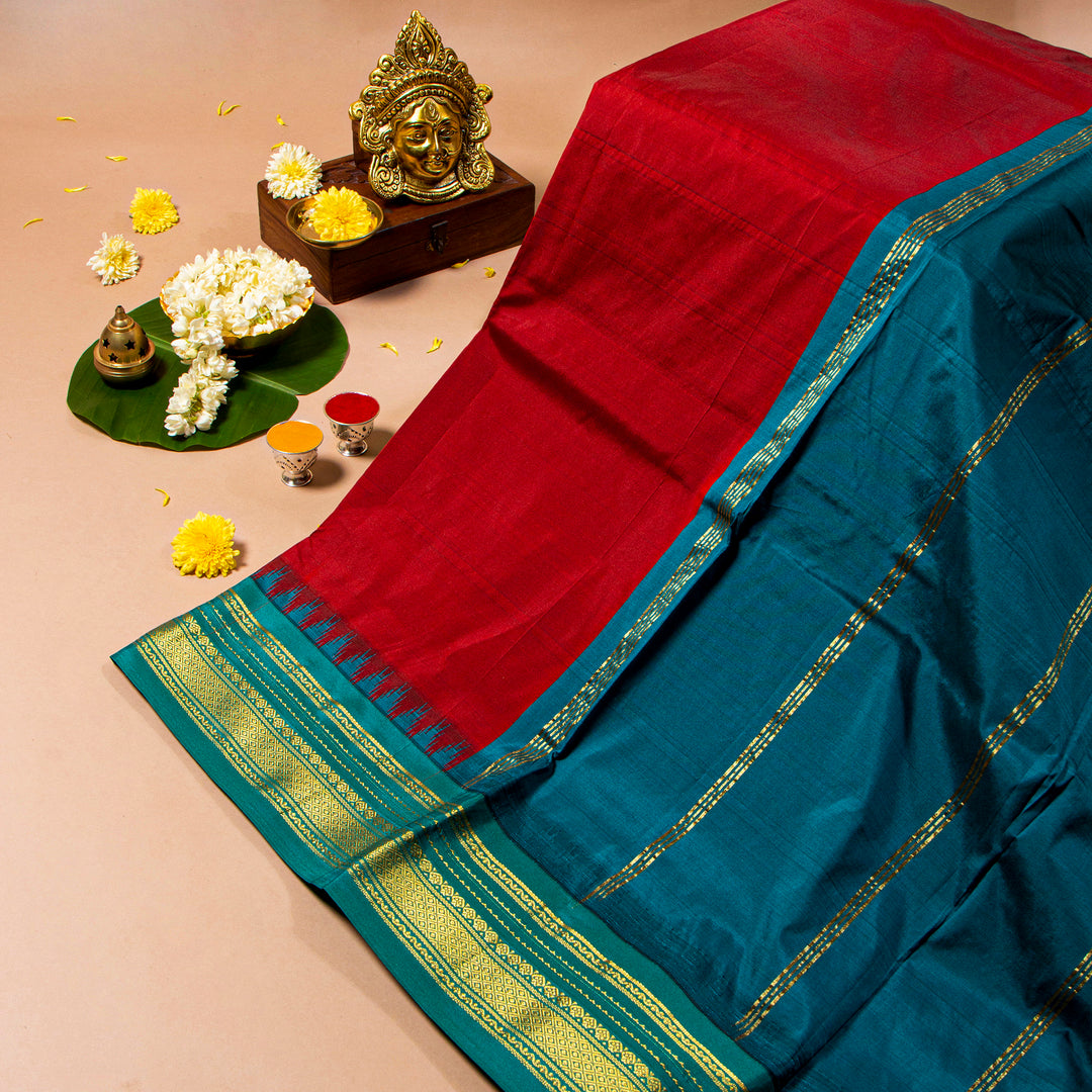 Kuberan Red Berry With Dark Aqua 9 Yards Silk Saree
