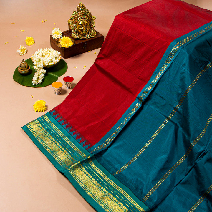 Kuberan Red Berry With Dark Aqua 9 Yards Silk Saree