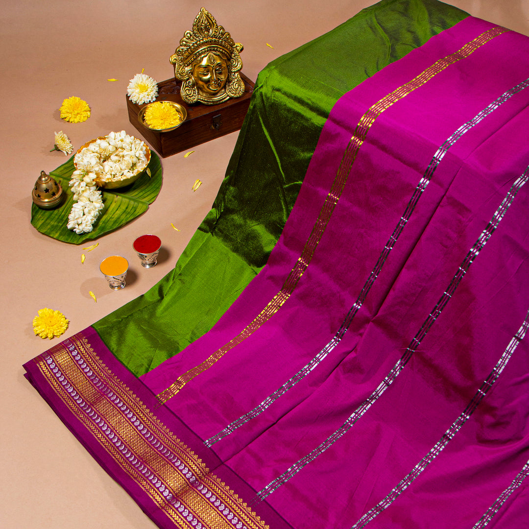 Kuberan Sap Green With Grape Purple 9 Yards Silk Saree