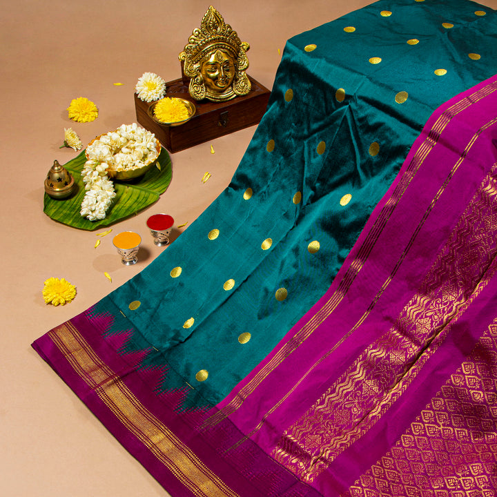 Kuberan Deep Teal With Plum Velvet 9 Yards Silk Saree