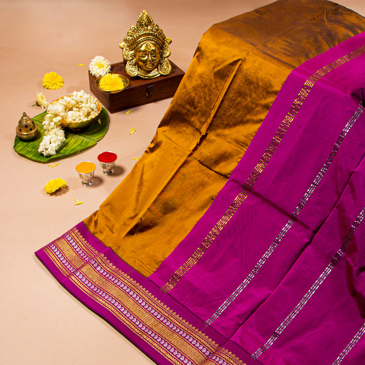 Kuberan Orange Brown With Purple 9 Yards Silk Saree