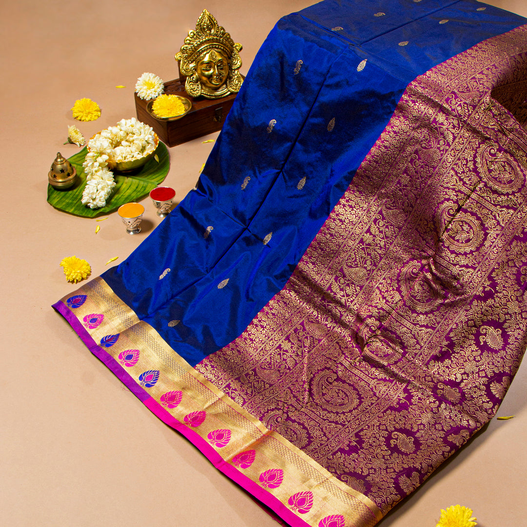 Kuberan Sapphire Blue With Purple 9 Yards Silk Saree