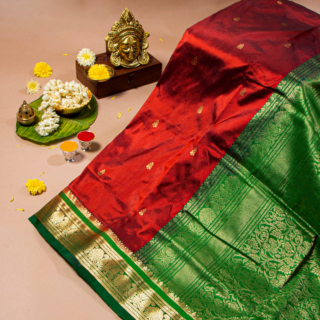 Kuberan Wine Red With Bottle Green 9 Yards Silk Saree
