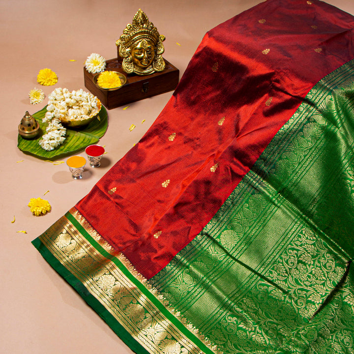 Kuberan Wine Red With Bottle Green 9 Yards Silk Saree
