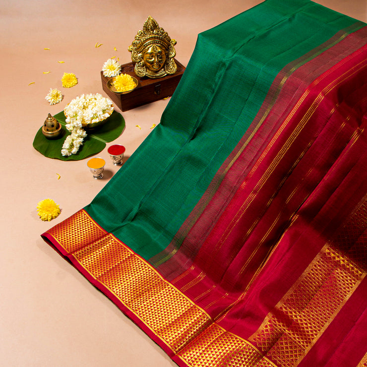 Kuberan Bottle Green With Rose Red 9 Yards Silk Saree