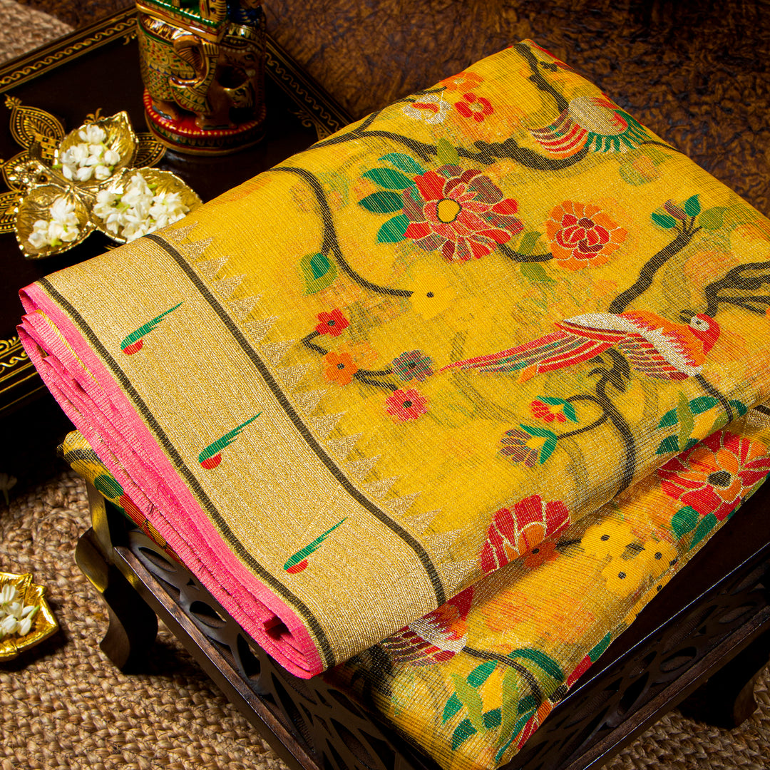 Kuberan Yellow Kora Silk Saree With Paithani Border