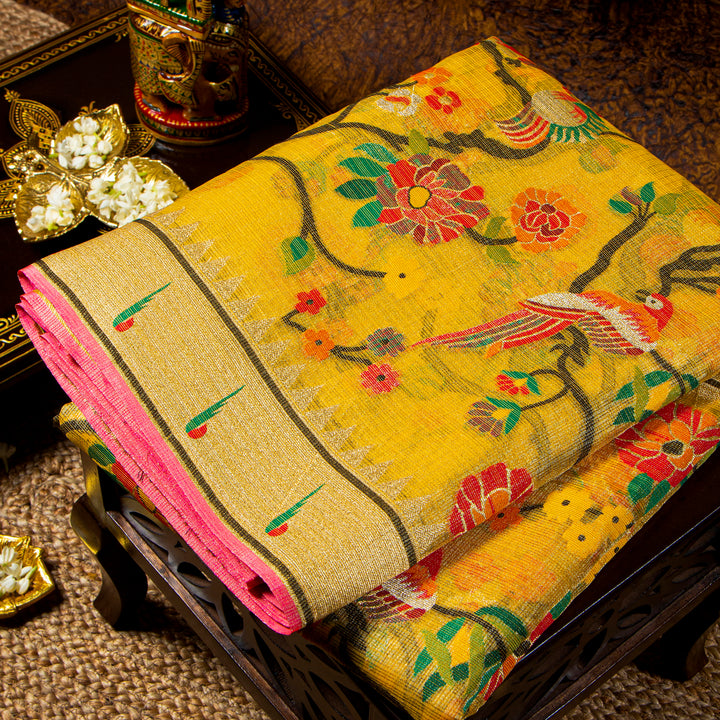 Kuberan Yellow Kora Silk Saree With Paithani Border