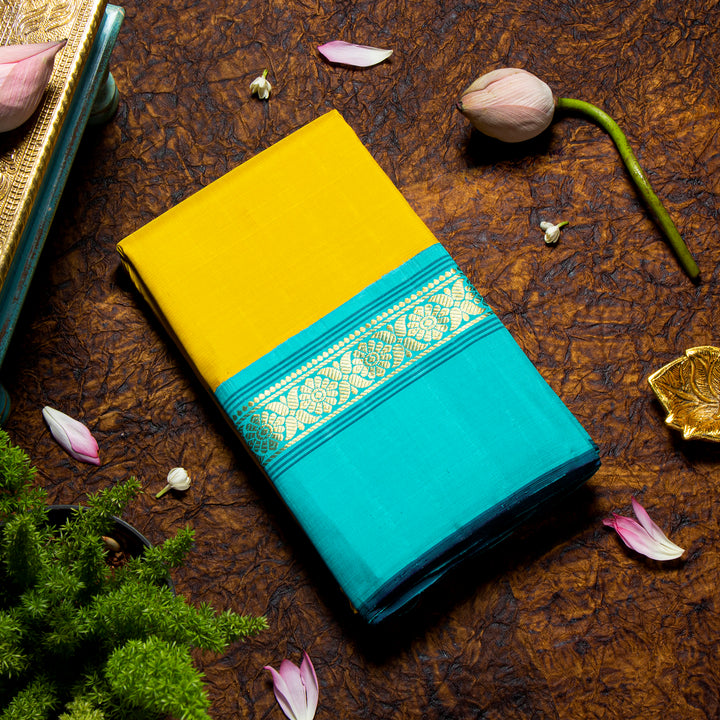 Kuberan Mustard Yellow With  Dark Turquoise Blue Kanchivaram Saree