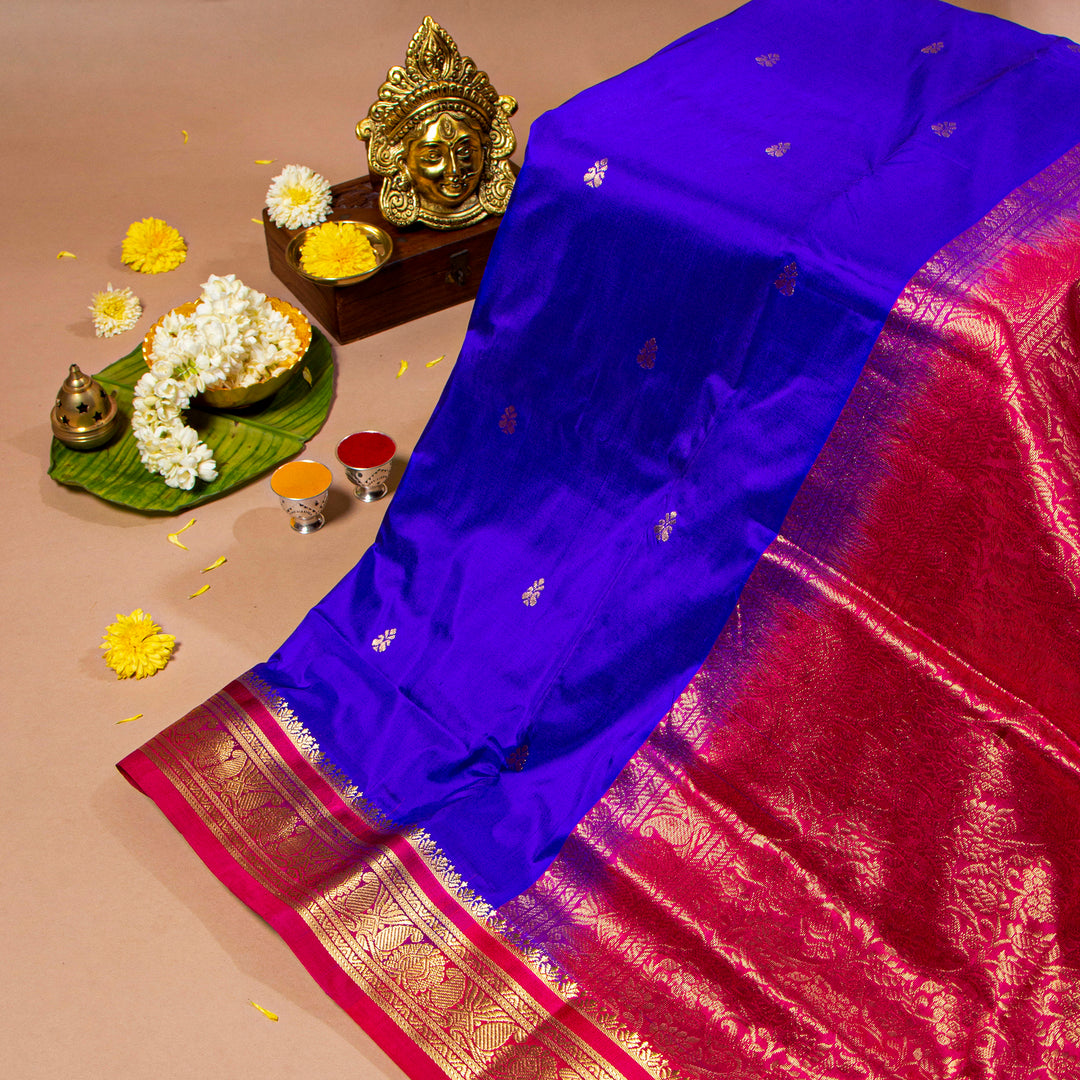 Kuberan Violet Blue With Pink 9 Yards Silk Saree