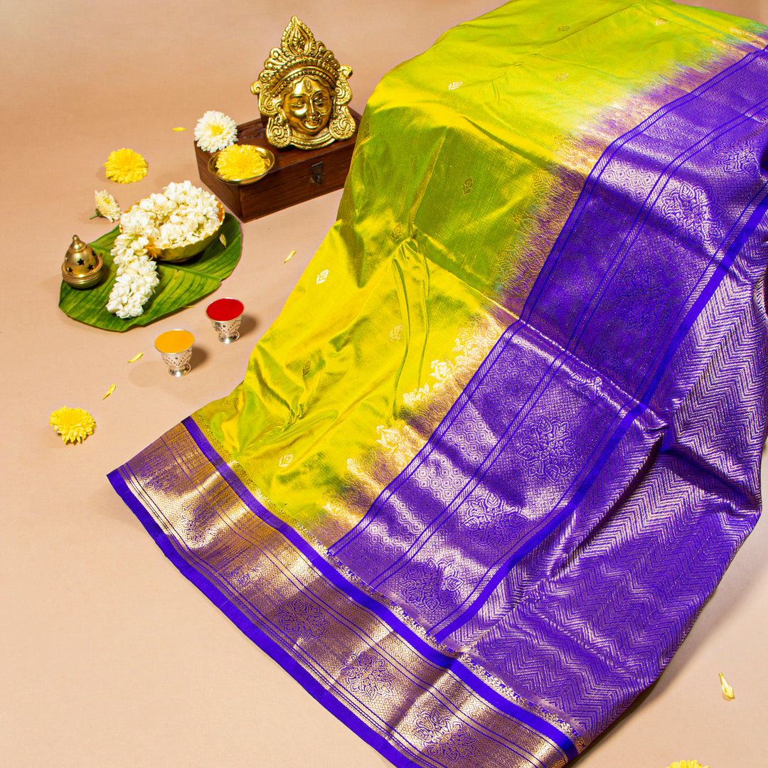 Kuberan Bright Green With Violet Blue 9 Yards Silk Saree