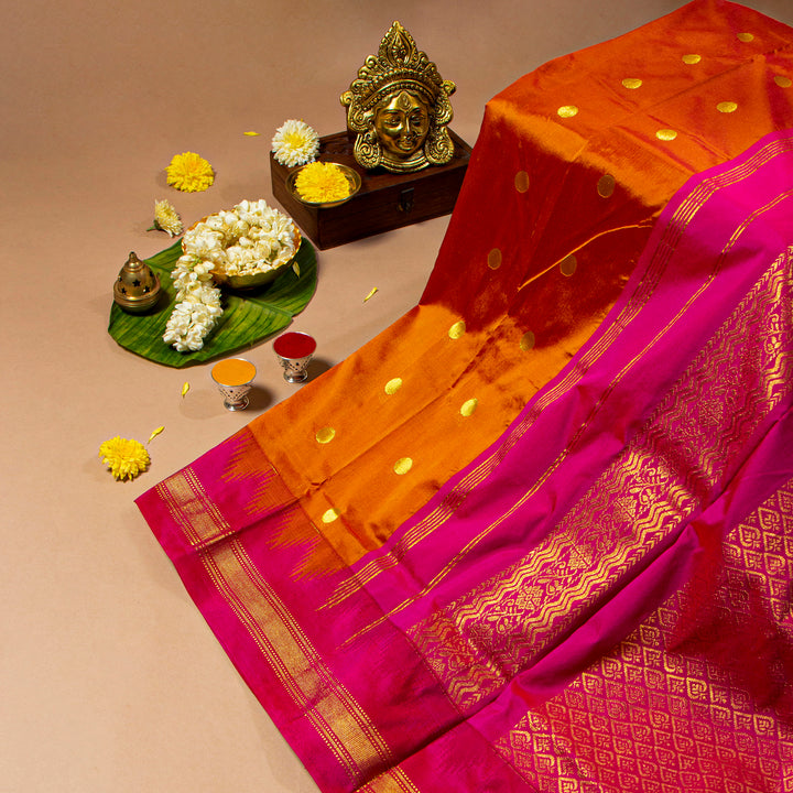 Kuberan Deep Orange With Pink 9 Yards Silk Saree