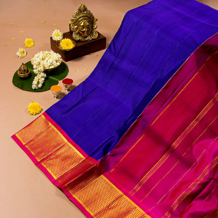 Kuberan Persian Indigo With Rose Red 9 Yards Silk Saree