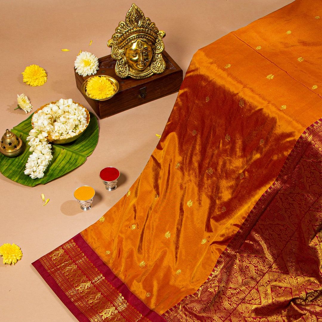 Kuberan Rusty Orange With Wine Red 9 Yards Silk Saree