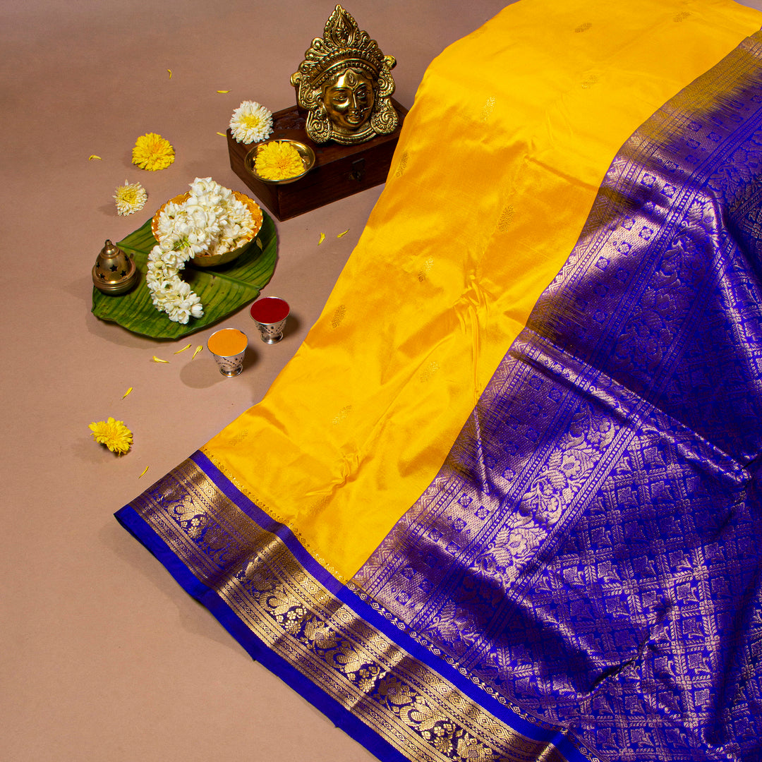 Kuberan Yellow With Blue Purple 9 Yards Silk Saree