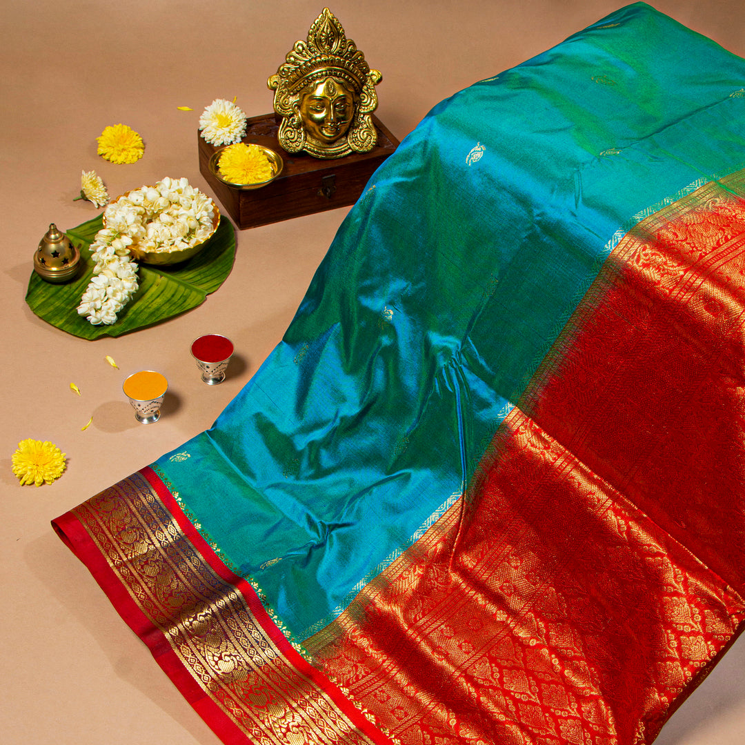 Kuberan Dark Turquoise Blue With Red 9 Yards Silk Saree