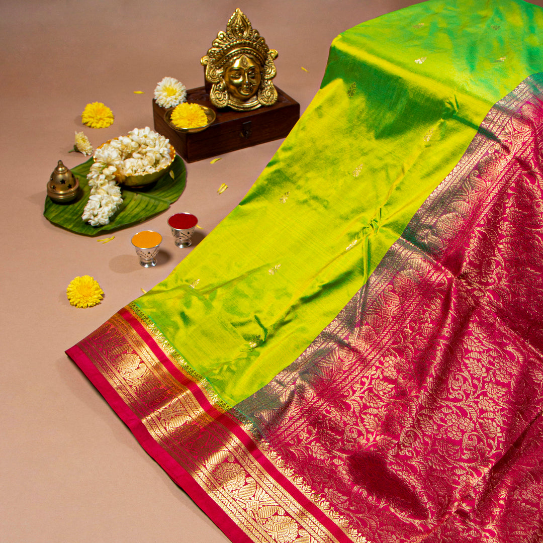 Kuberan Leaf Green With Pink 9 Yards Silk Saree