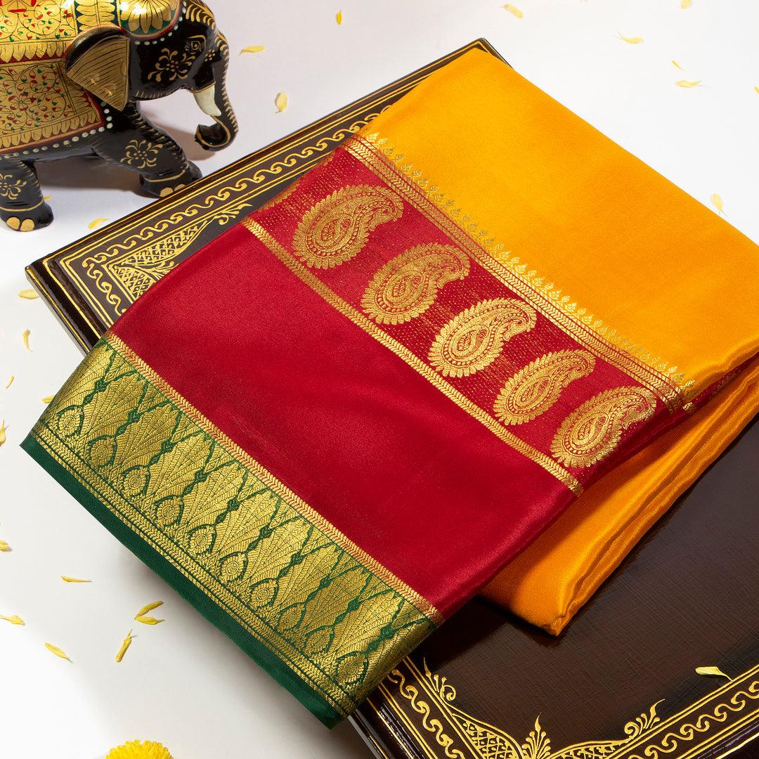 Yellow Orange With dark Red Mysore Silk Saree
