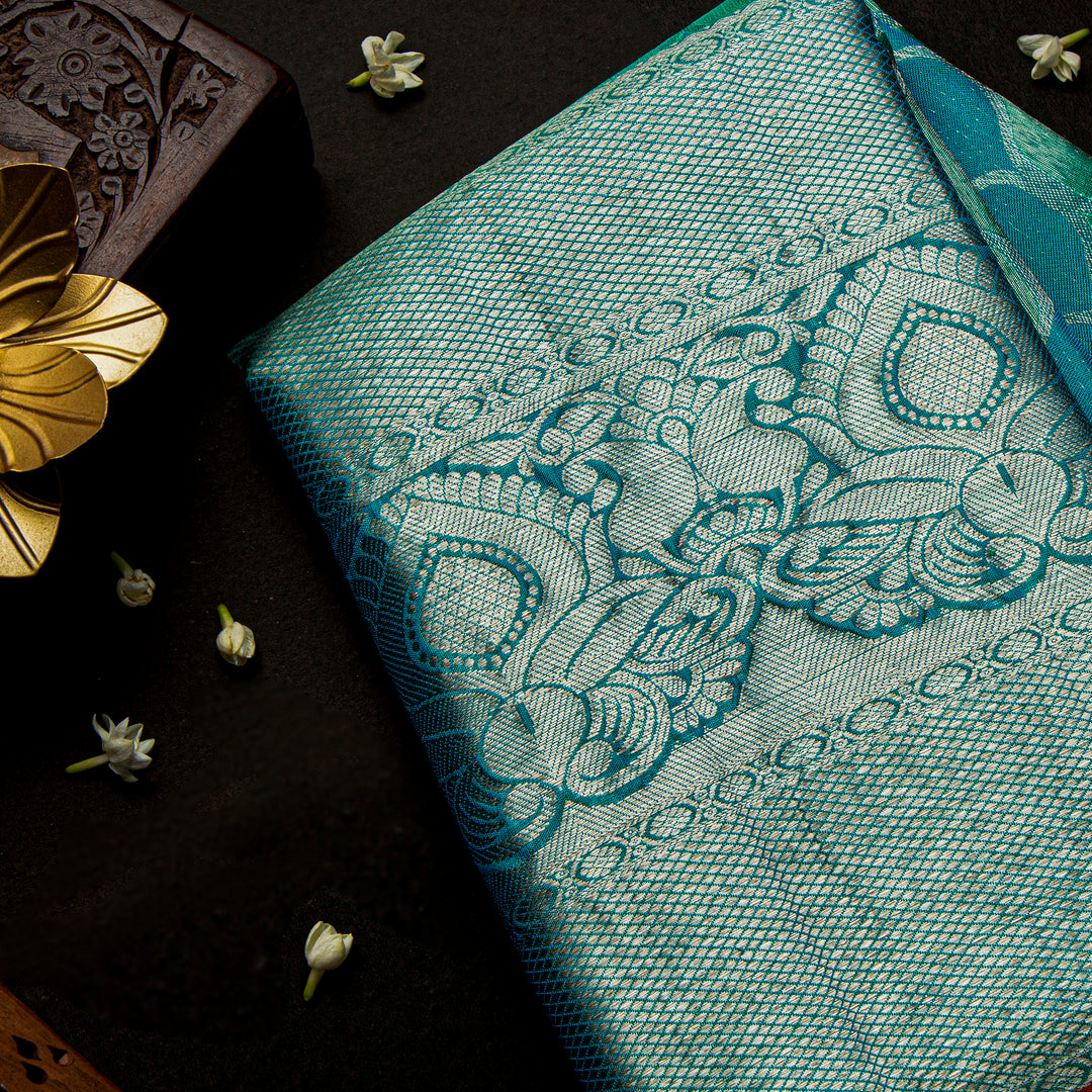 Kuberan Silver Teal Blue Kanchivaram Saree