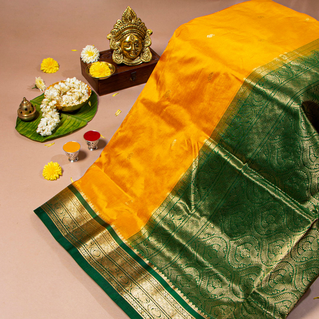 Kuberan Yellow With Bottle Green 9 Yards Silk Saree