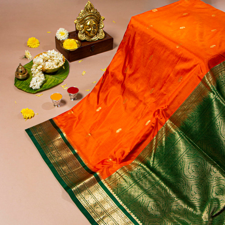 Kuberan Bright Orange With Bottle Green 9 Yards Silk Saree