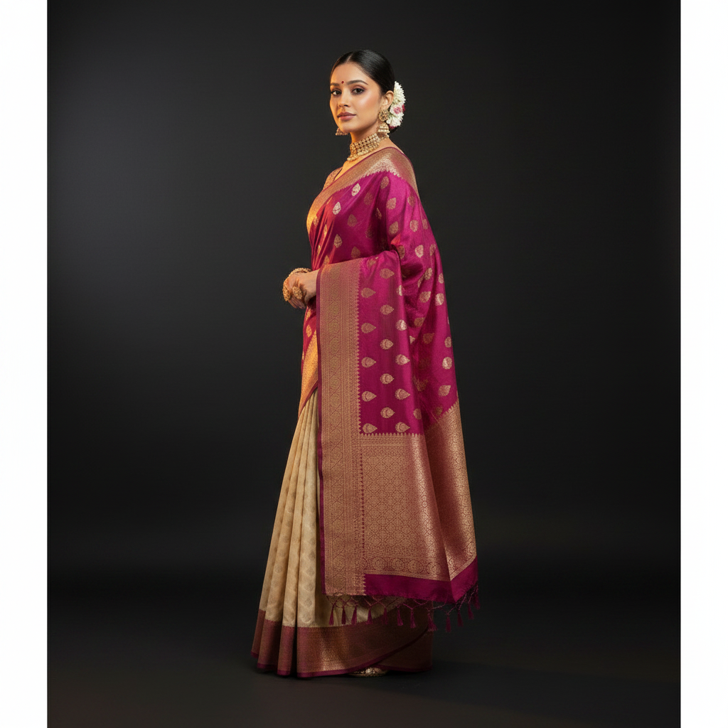 Kuberan cream with pink Half Saree