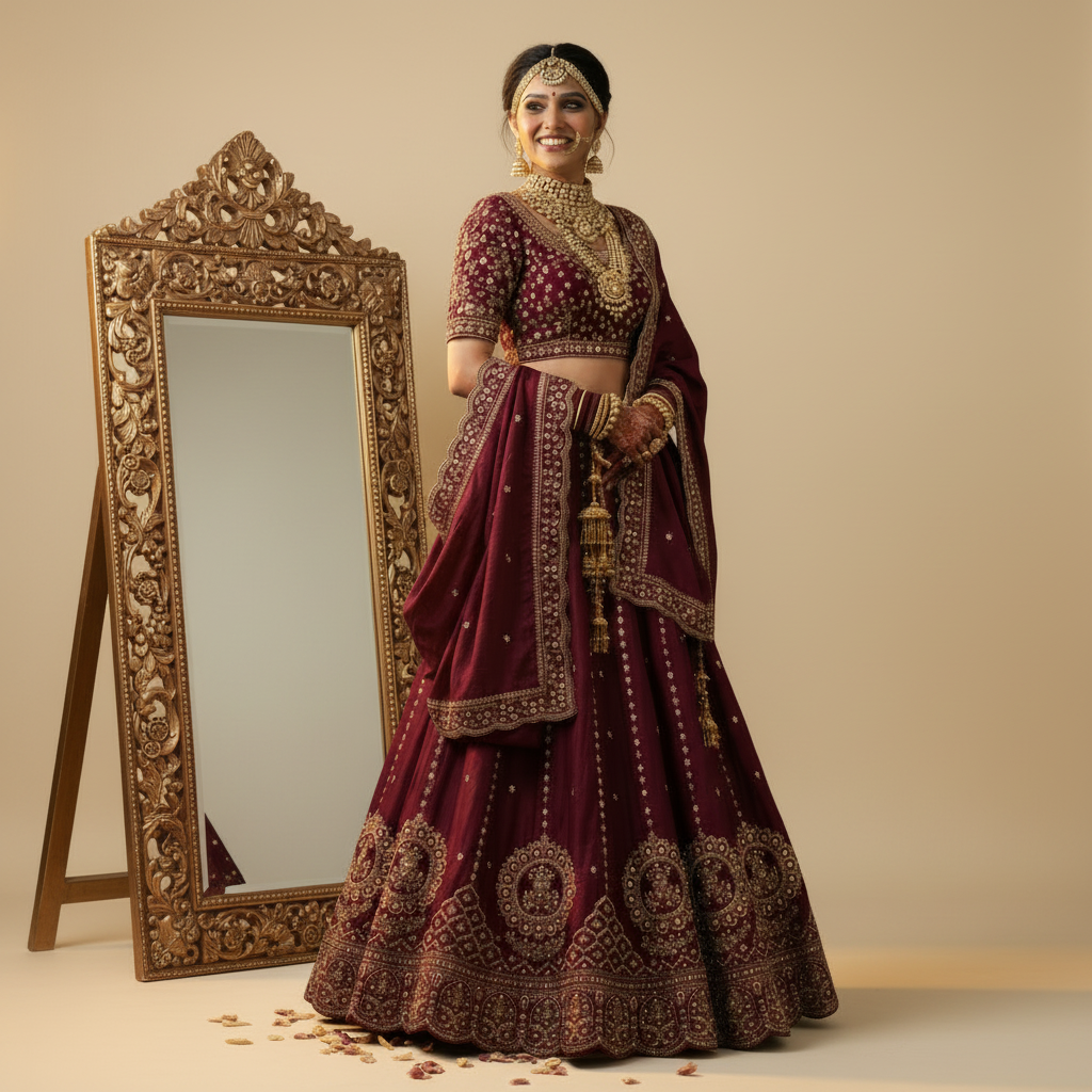 Kuberan Wine Lehenga with Gold Embroidery