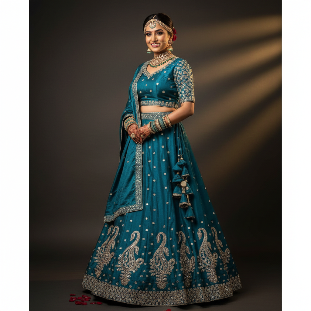 Kuberan Teal Lehenga with Gold Zari Embroidery