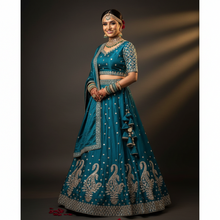 Kuberan Teal Lehenga with Gold Zari Embroidery