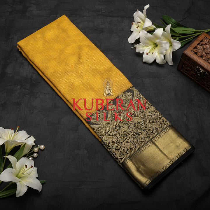 Kuberan Mustard and Black Kanchipuram Silk Saree
