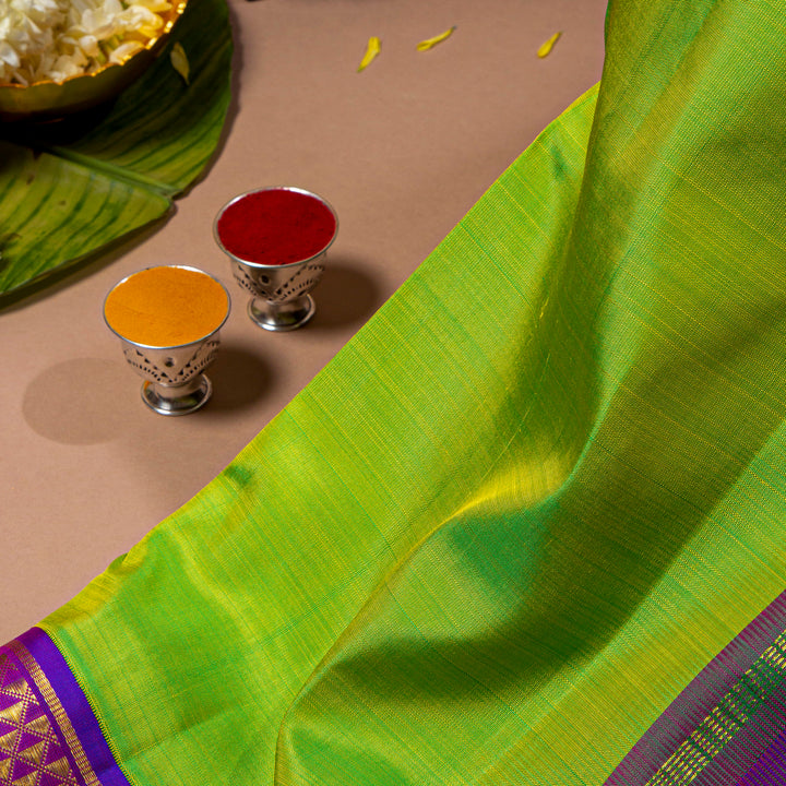 Kuberan Bright Green With Vibrant Purple 9 Yards Silk Saree