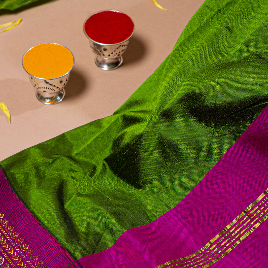 Kuberan Sap Green With Grape Purple 9 Yards Silk Saree