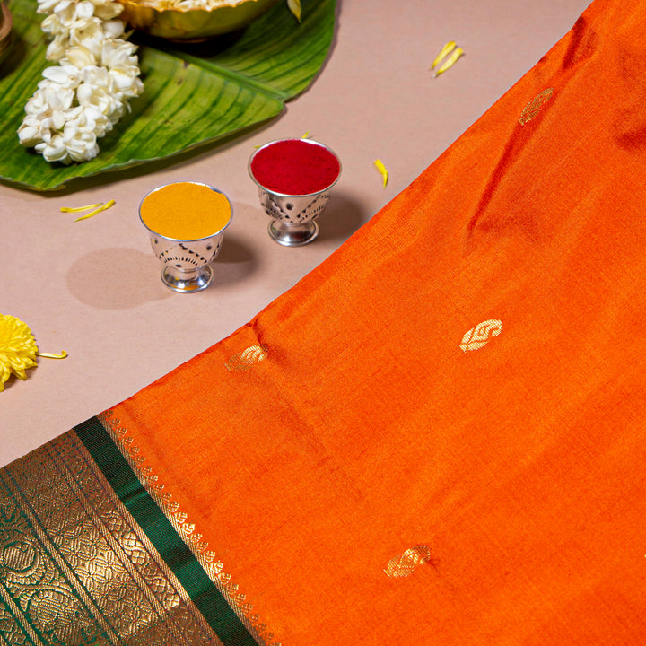 Kuberan Bright Orange With Bottle Green 9 Yards Silk Saree