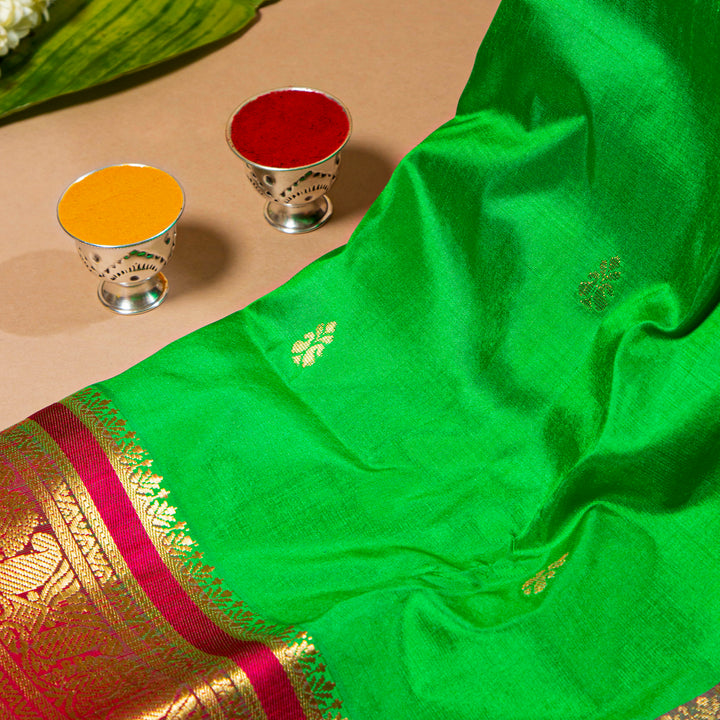 Kuberan Vibrant Green With Pink 9 Yards Silk Saree