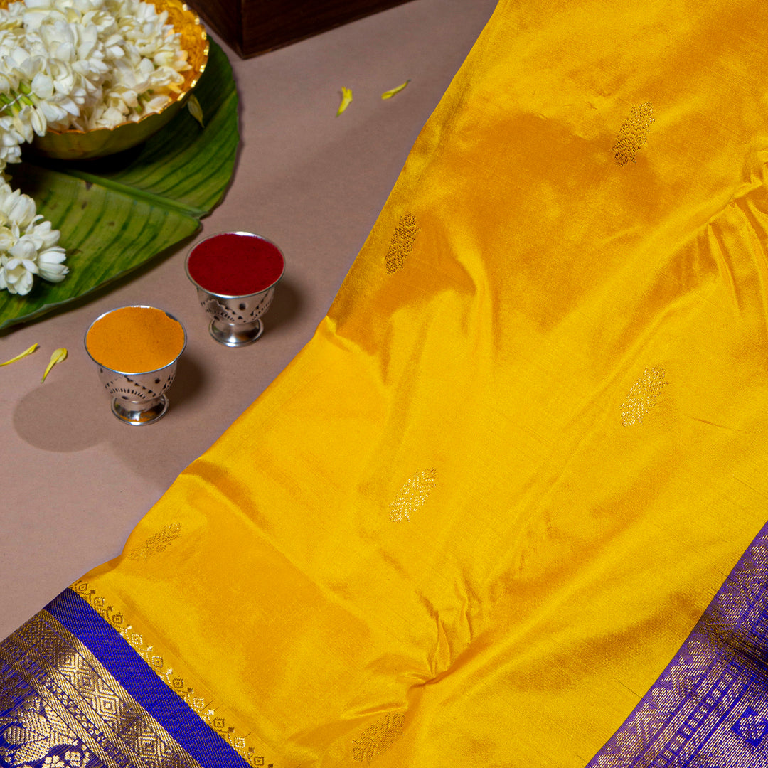 Kuberan Yellow With Blue Purple 9 Yards Silk Saree