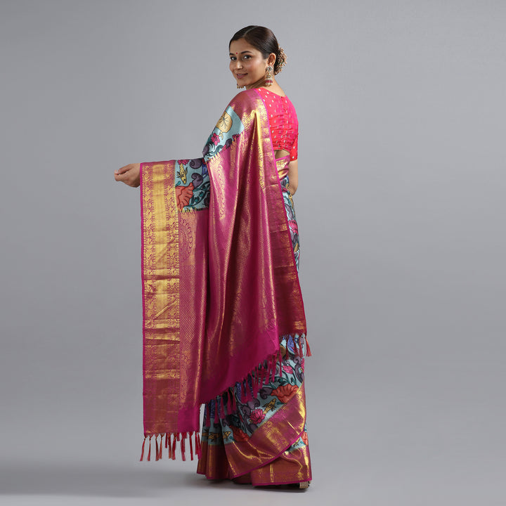 Kuberan Sky Blue Kalamkari Saree