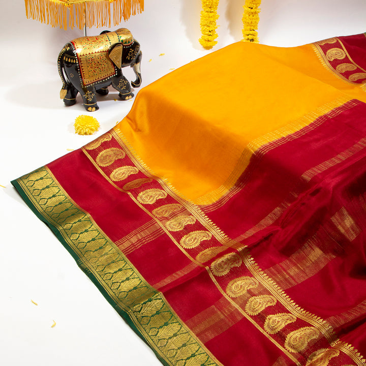Kuberan Yellowish Orange With Dark Red Mysore Silk Saree