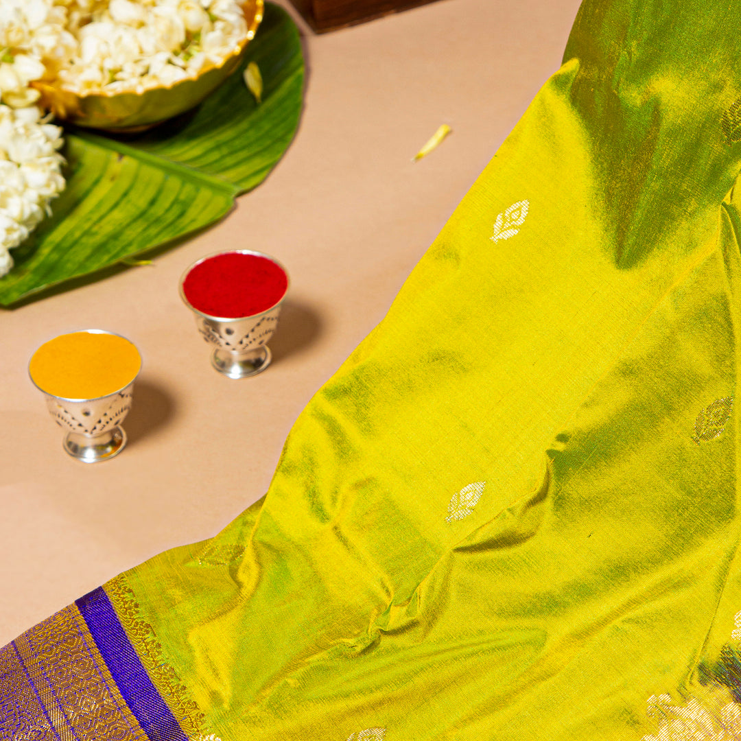 Kuberan Bright Green With Violet Blue 9 Yards Silk Saree