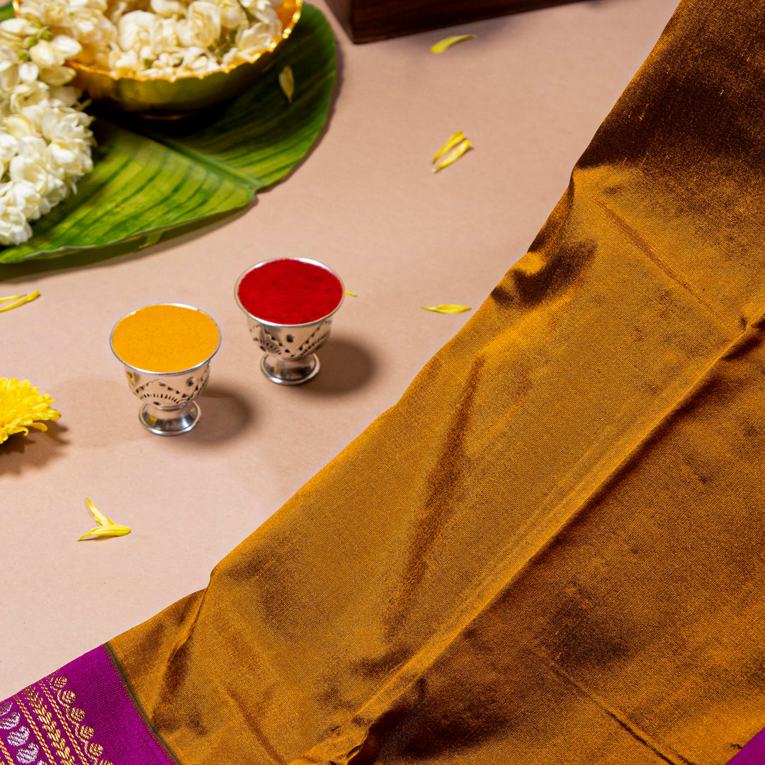 Kuberan Orange Brown With Purple 9 Yards Silk Saree