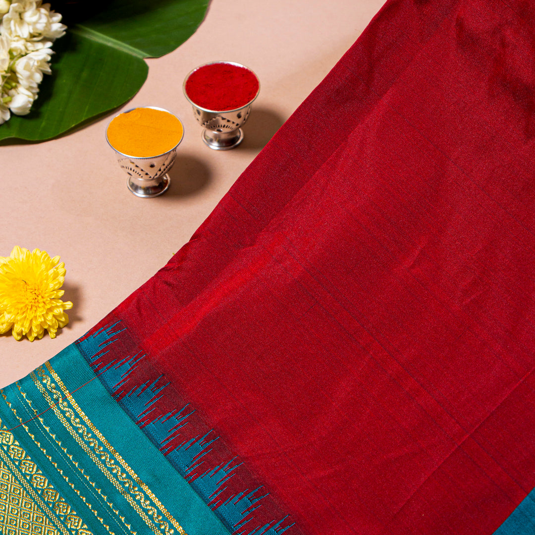 Kuberan Red Berry With Dark Aqua 9 Yards Silk Saree