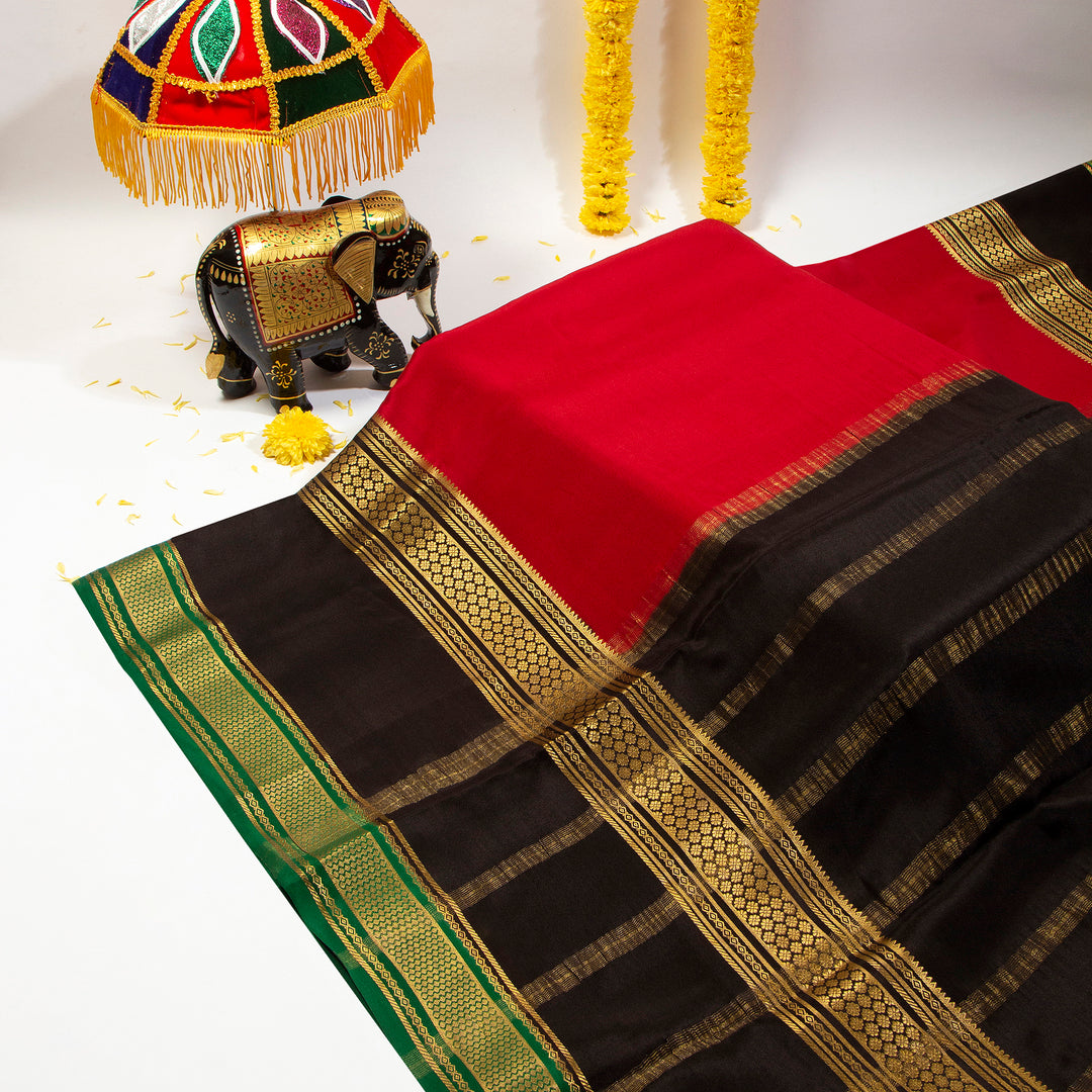 Kuberan Cherry Red With Smoky Black Mysore Silk Saree