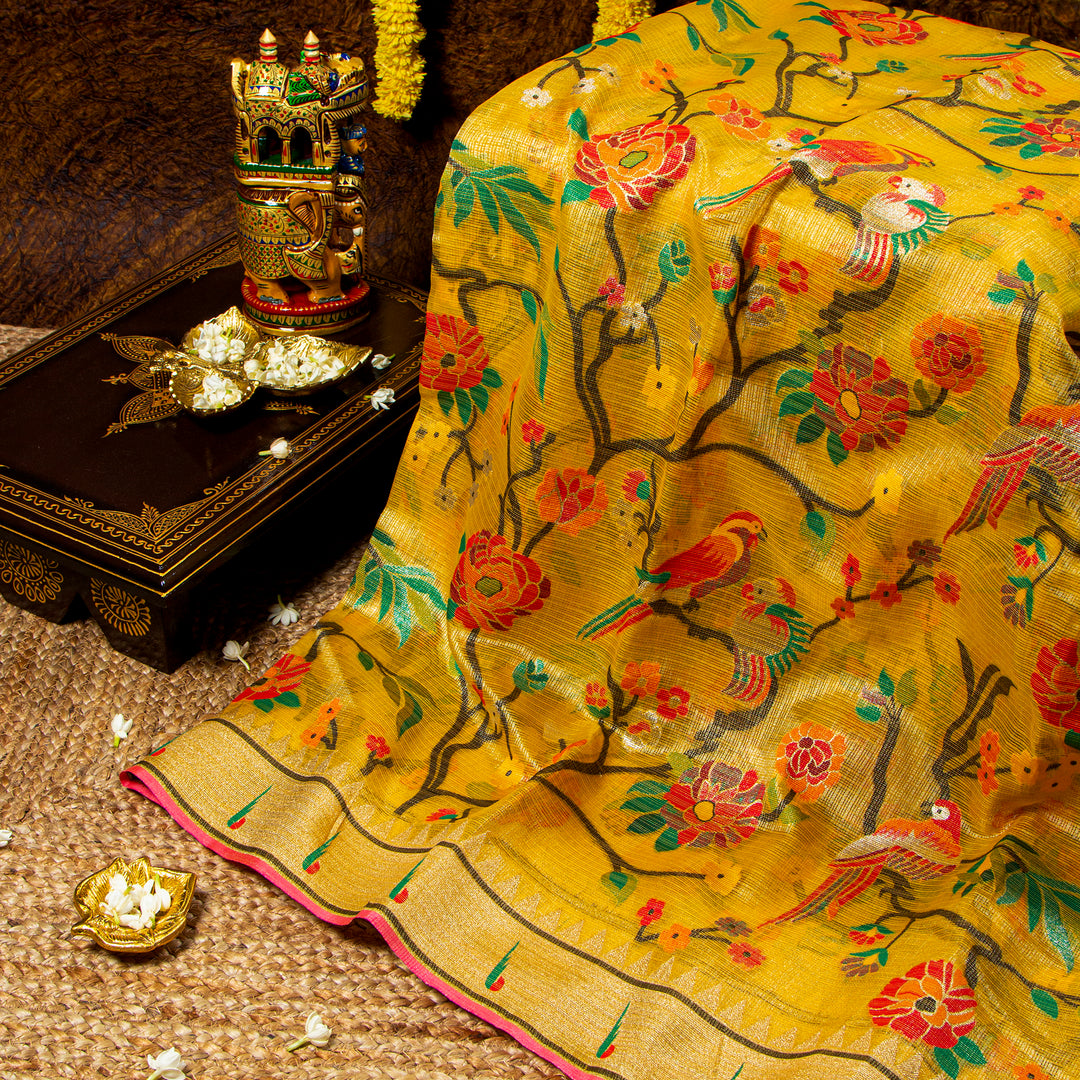 Kuberan Yellow Kora Silk Saree With Paithani Border