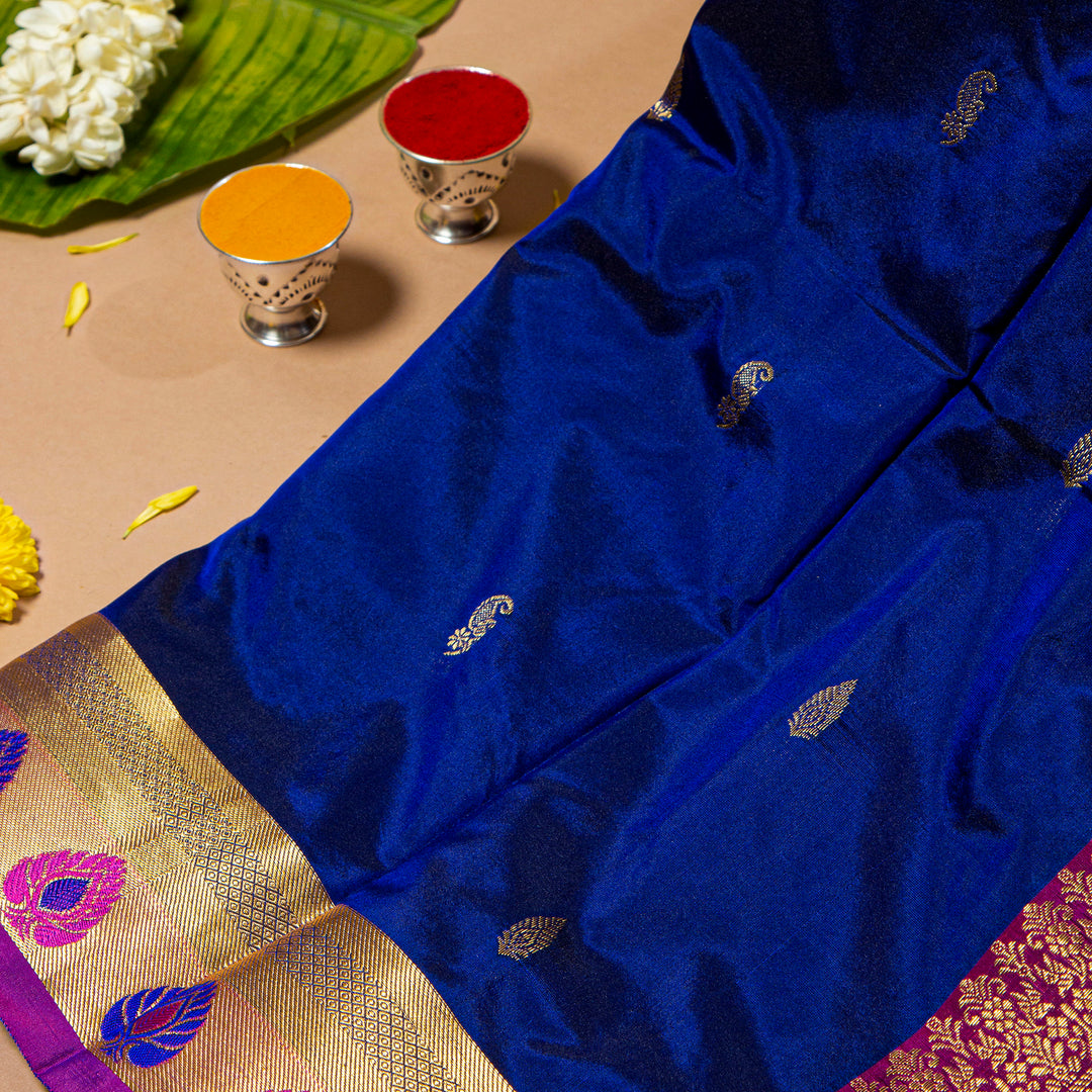 Kuberan Sapphire Blue With Purple 9 Yards Silk Saree