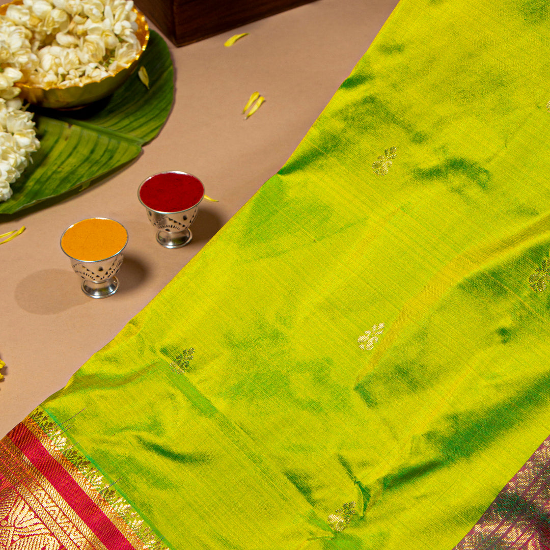 Kuberan Leaf Green With Pink 9 Yards Silk Saree