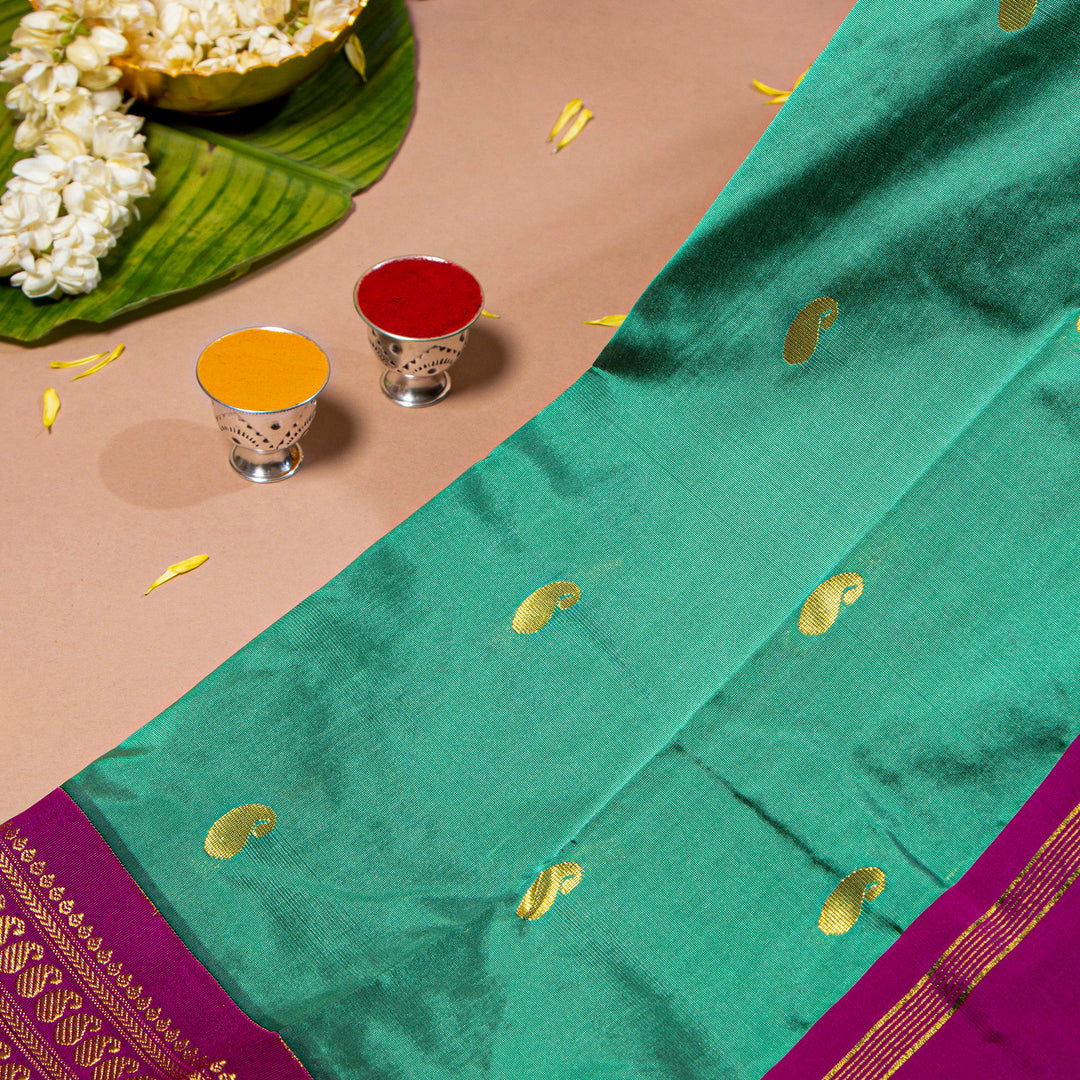 Kuberan Greenish Teal With Purple 9 Yards Silk Saree