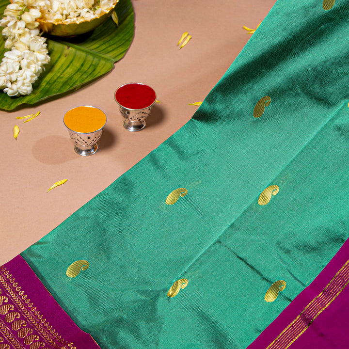Kuberan Greenish Teal With Purple 9 Yards Silk Saree