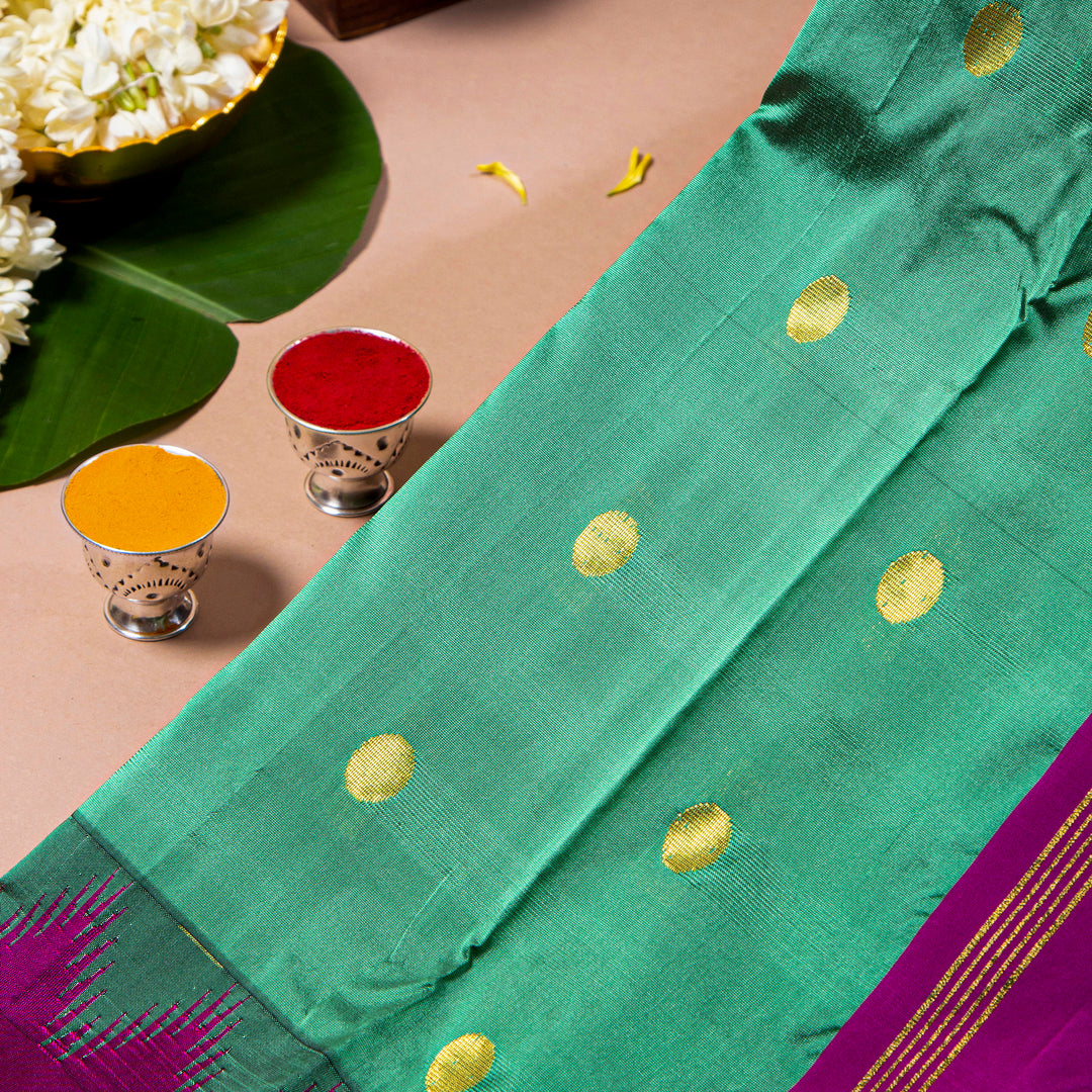 Kuberan Dark Pastel Green With Plum Velvet 9 Yards Silk Saree