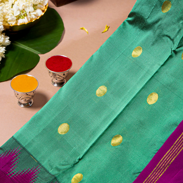 Kuberan Dark Pastel Green With Plum Velvet 9 Yards Silk Saree