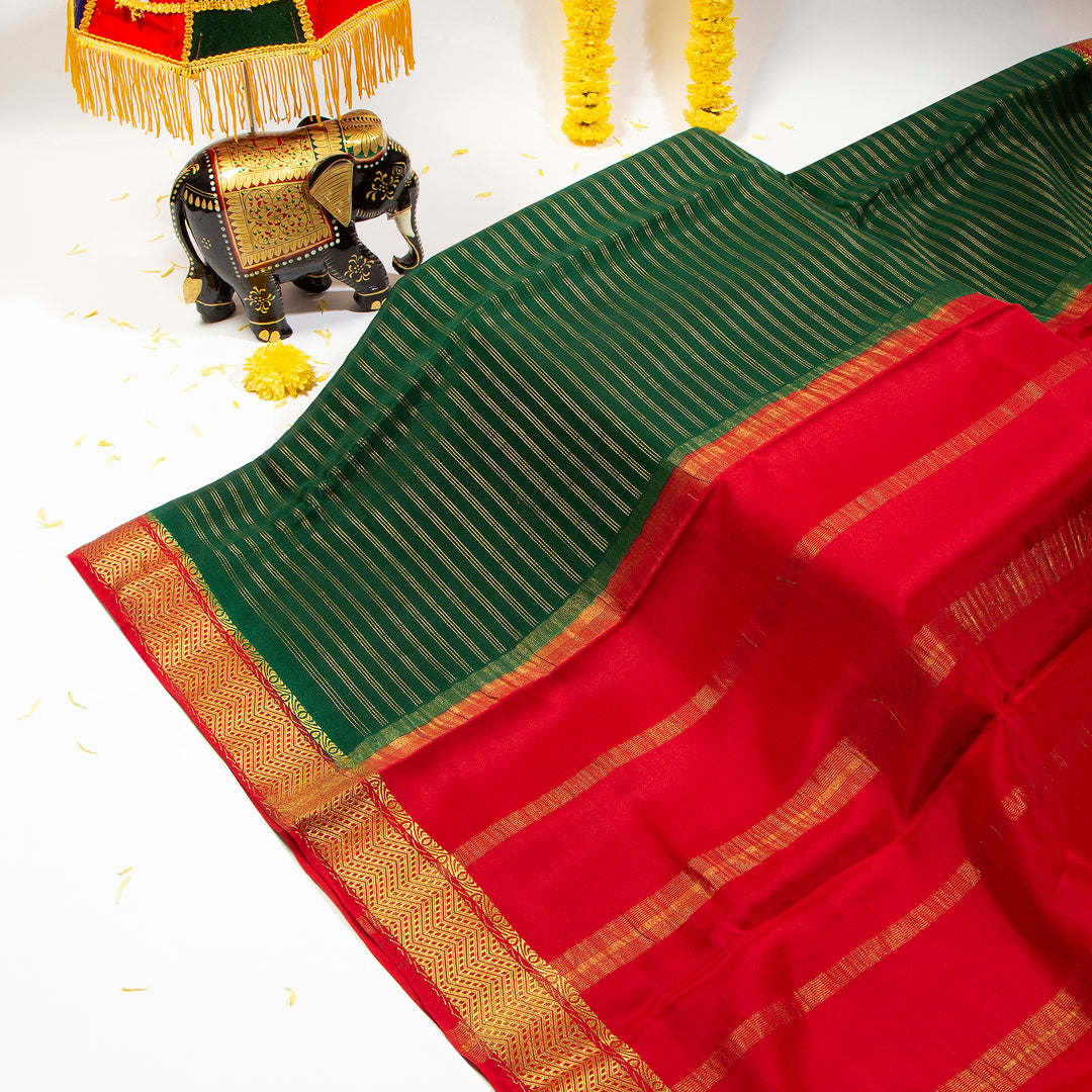 Kuberan Bottle Green With Cherry Red  Mysore Silk Saree